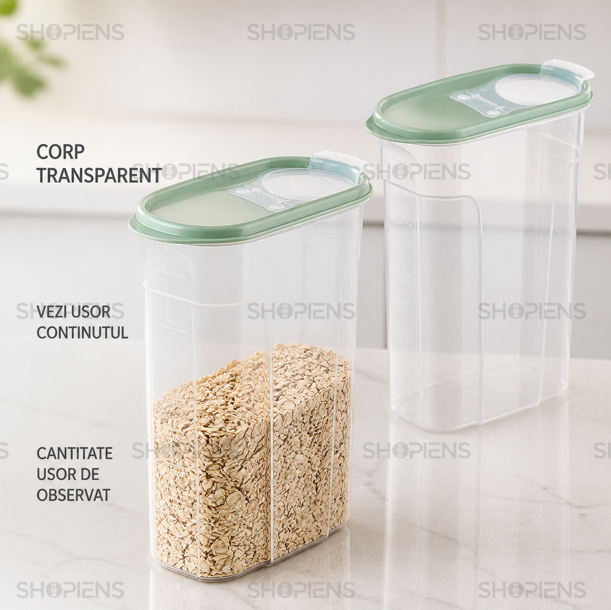 Set 2 recipiente depozitare alimente, inalte pentru alimente uscate, 2.4l, plastic