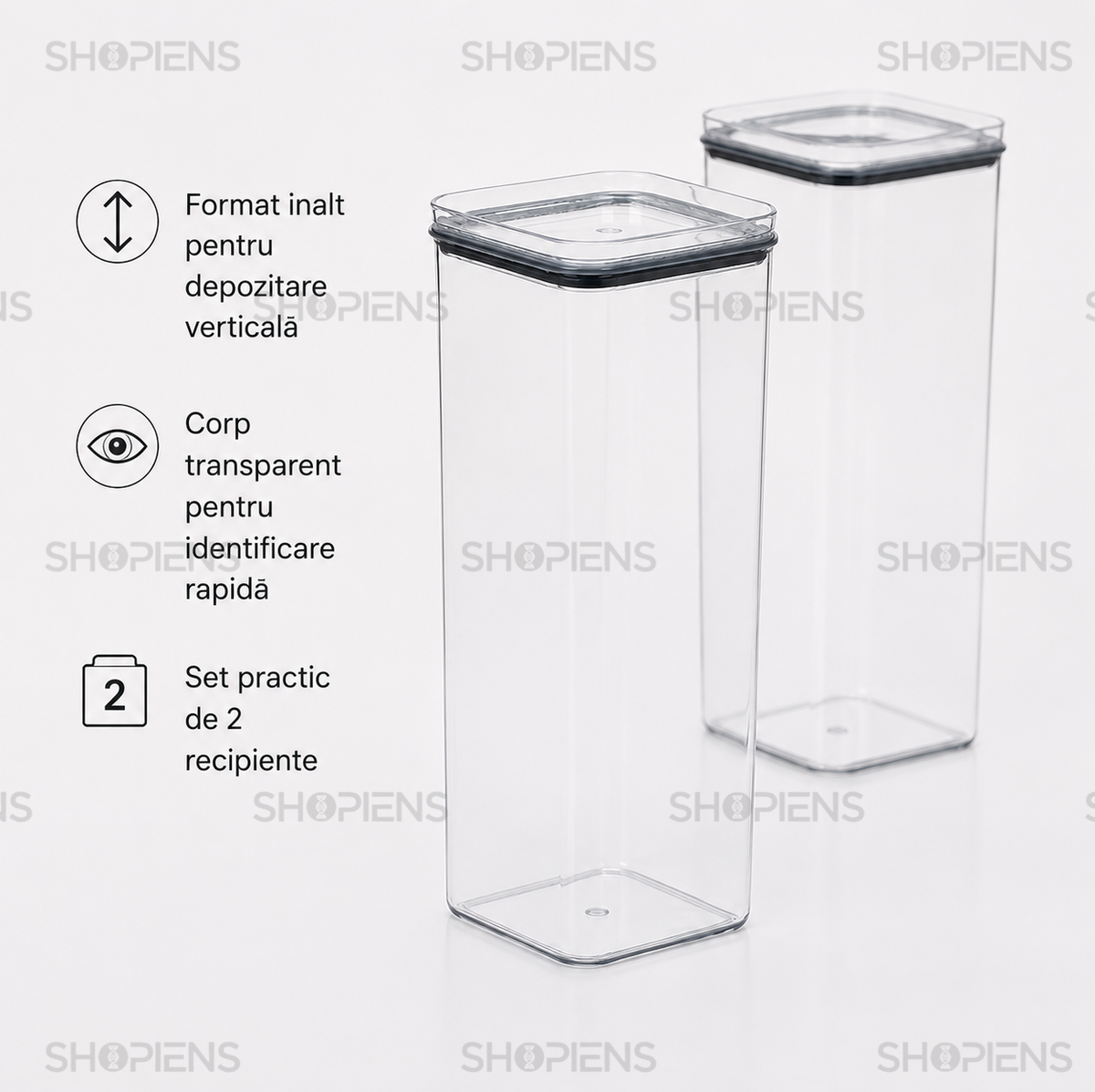 Set 2 recipiente depozitare alimente, inalte pentru alimente uscate, 2l, plastic