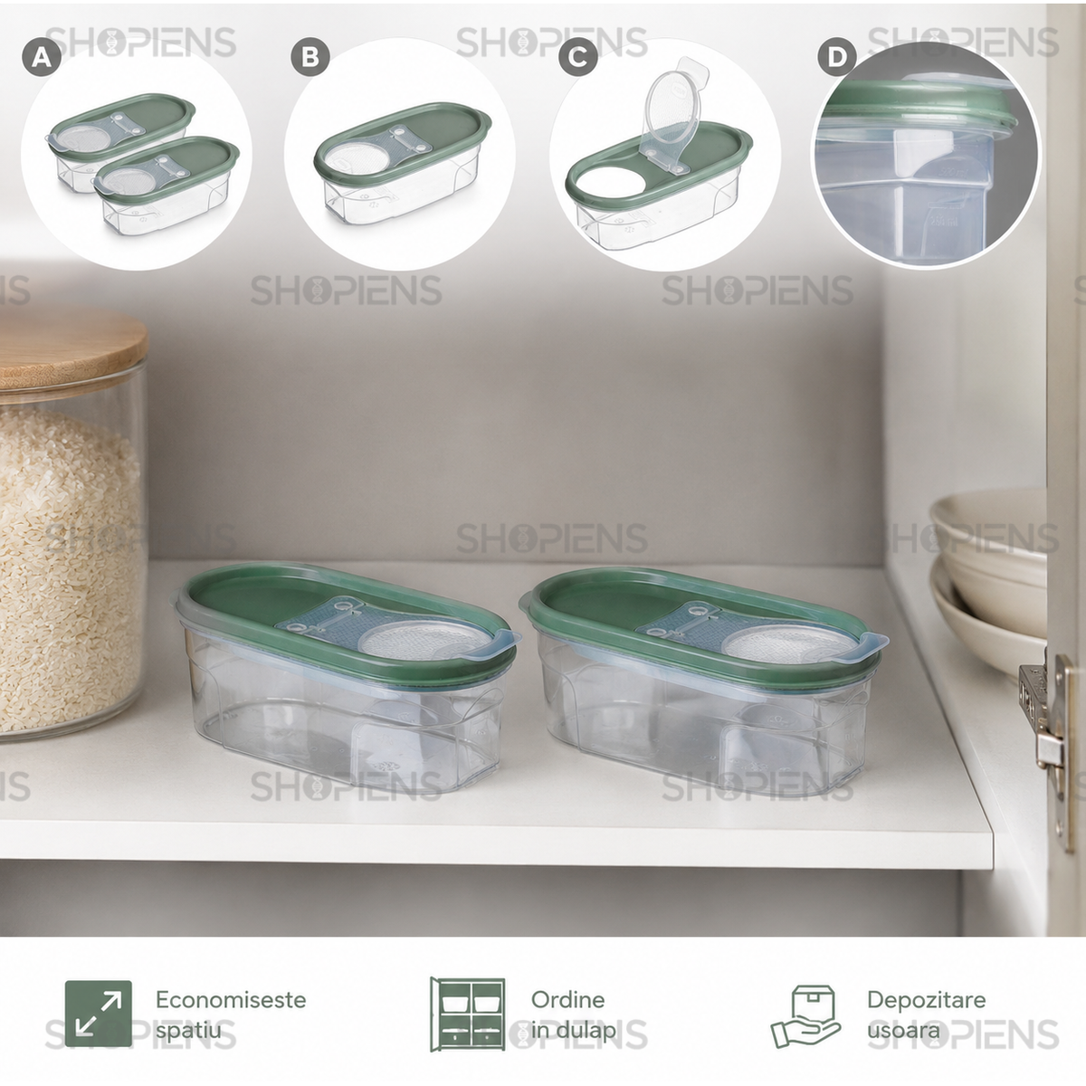 Set 2 recipiente depozitare alimente, pentru camara, 0.6l, plastic