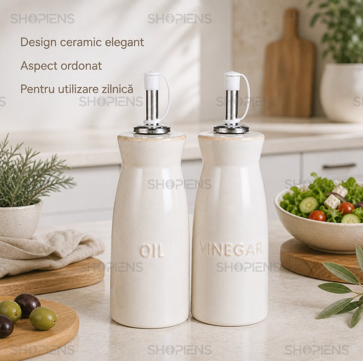 Set 2 recipiente ulei si otet din ceramica bej, 240 ml, Shopiens