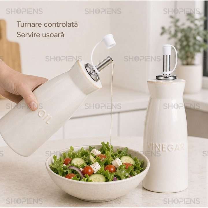 Set 2 recipiente ulei si otet din ceramica bej, 240 ml, Shopiens