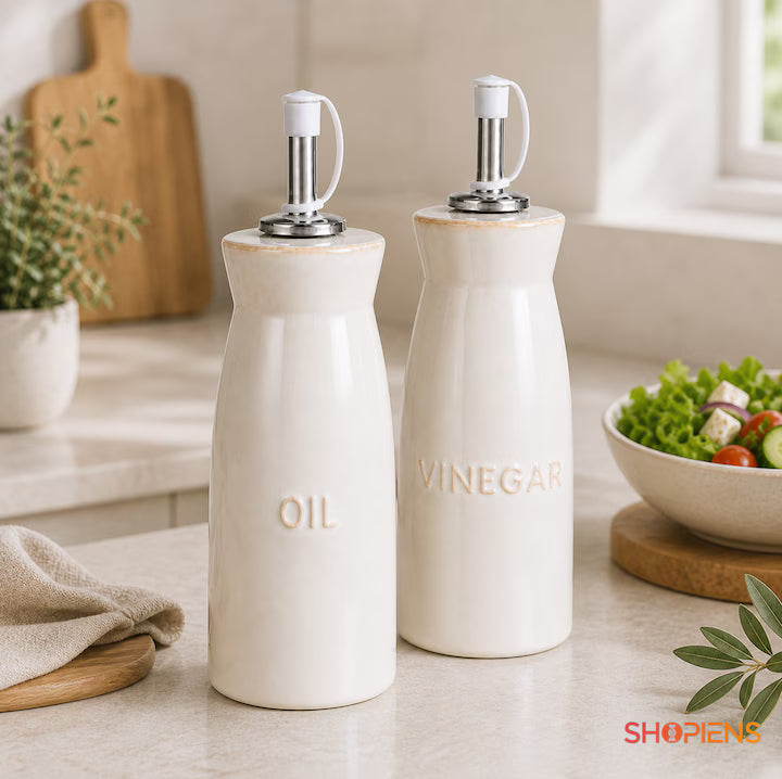 Set 2 recipiente ulei si otet din ceramica bej, 240 ml, Shopiens