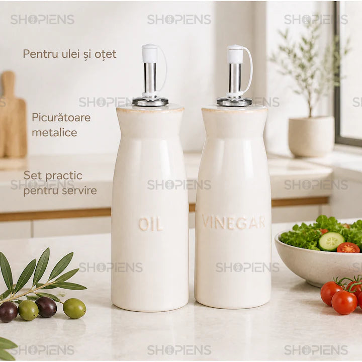 Set 2 recipiente ulei si otet din ceramica bej, 240 ml, Shopiens