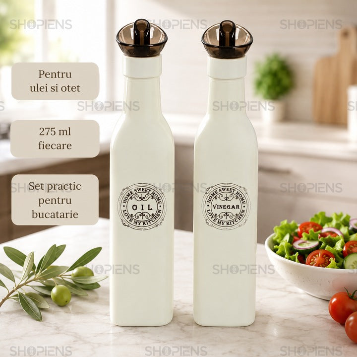Set 2 recipiente ulei si otet din sticla, 275 ml, alb retro, Shopiens