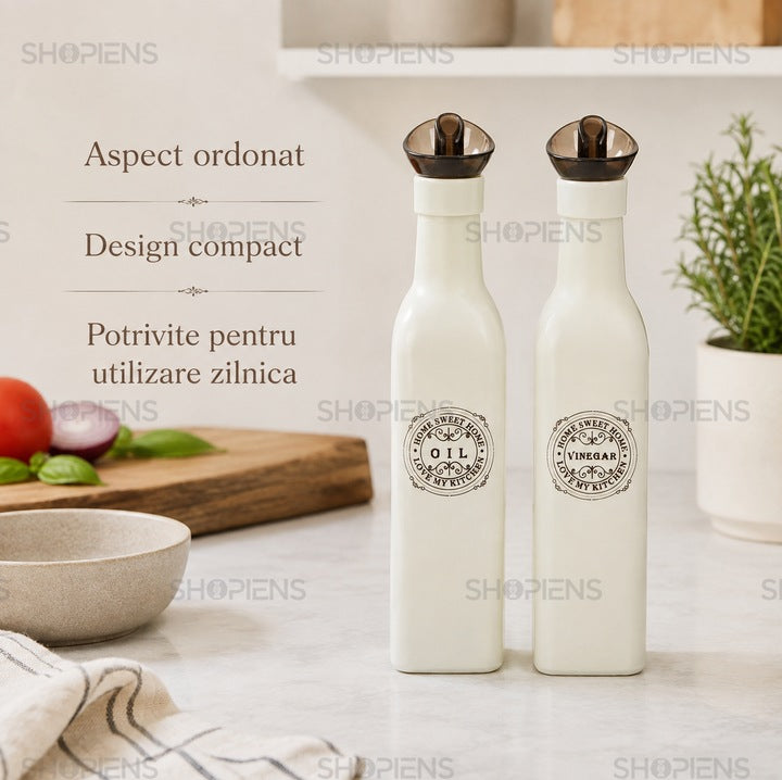 Set 2 recipiente ulei si otet din sticla, 275 ml, alb retro, Shopiens