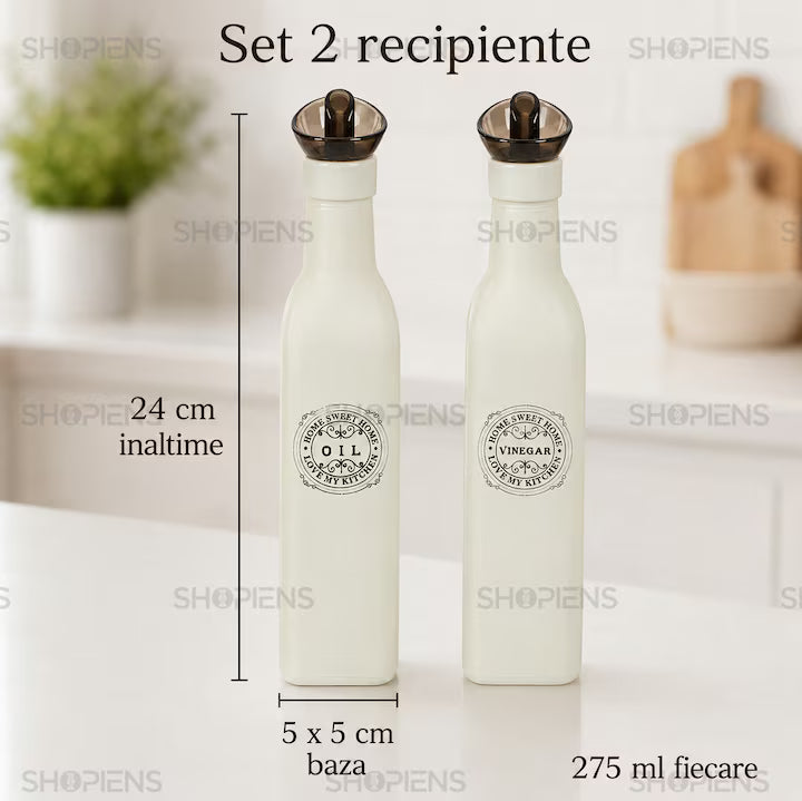 Set 2 recipiente ulei si otet din sticla, 275 ml, alb retro, Shopiens