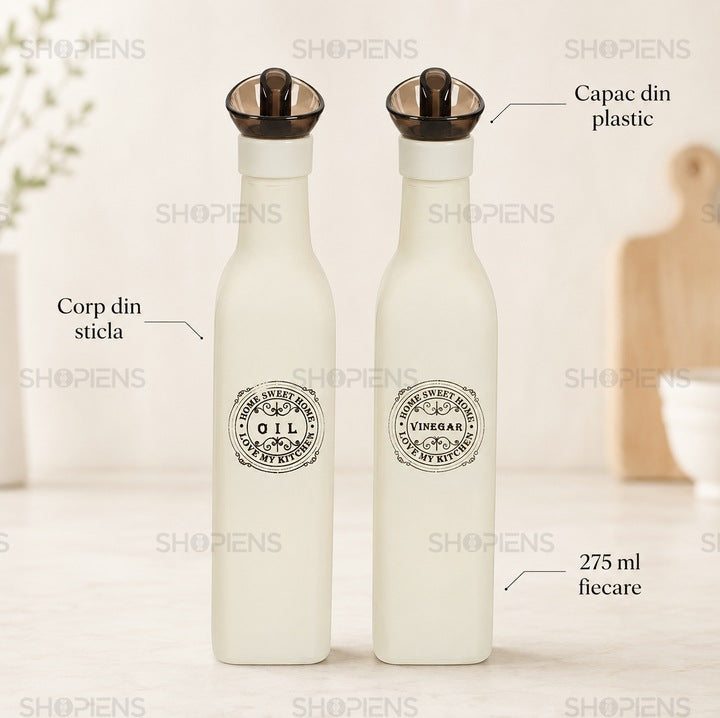 Set 2 recipiente ulei si otet din sticla, 275 ml, alb retro, Shopiens