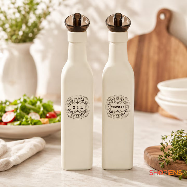 Set 2 recipiente ulei si otet din sticla, 275 ml, alb retro, Shopiens