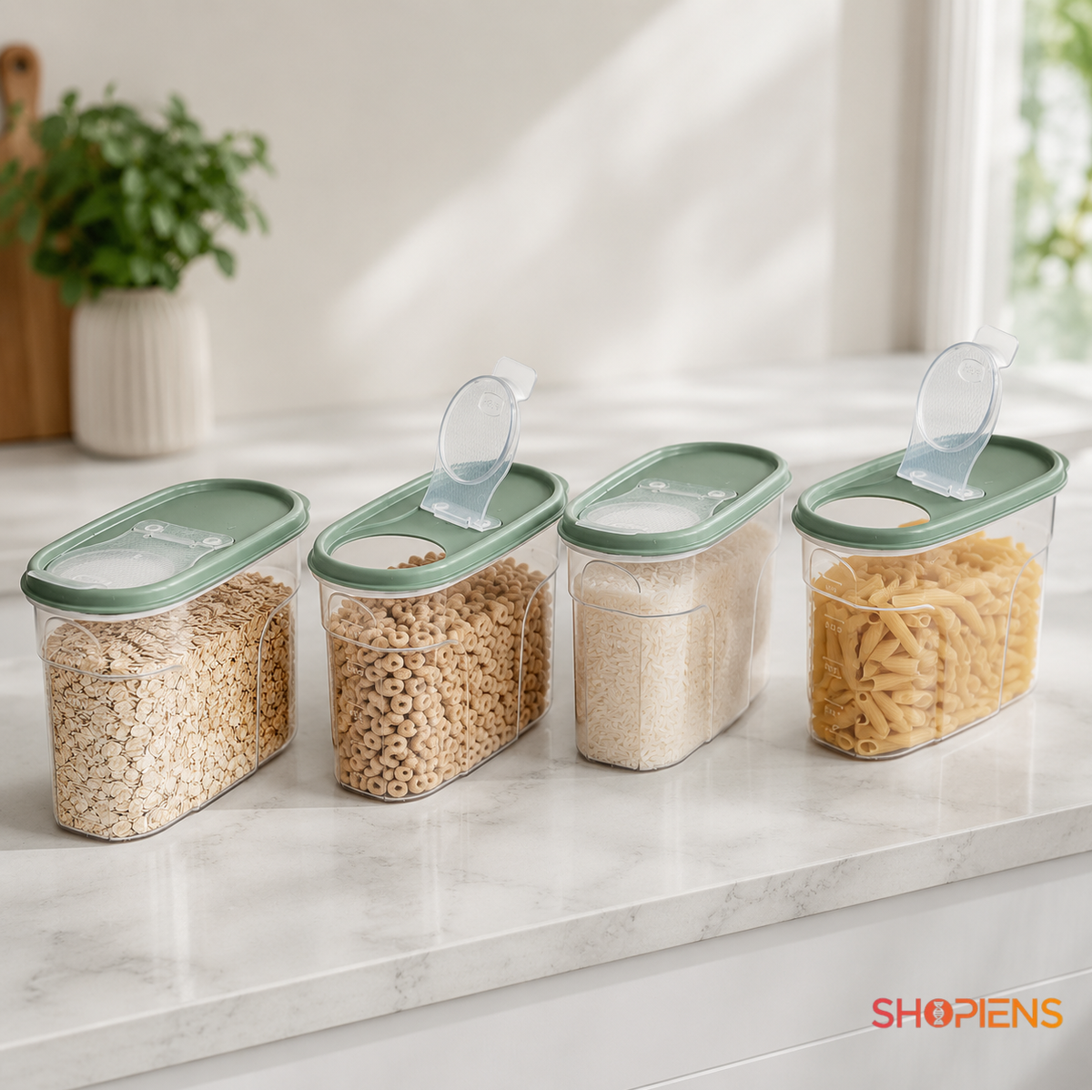 Set 4 recipiente depozitare alimente, cu dozator pentru cereale si paste, 1.2l, plastic