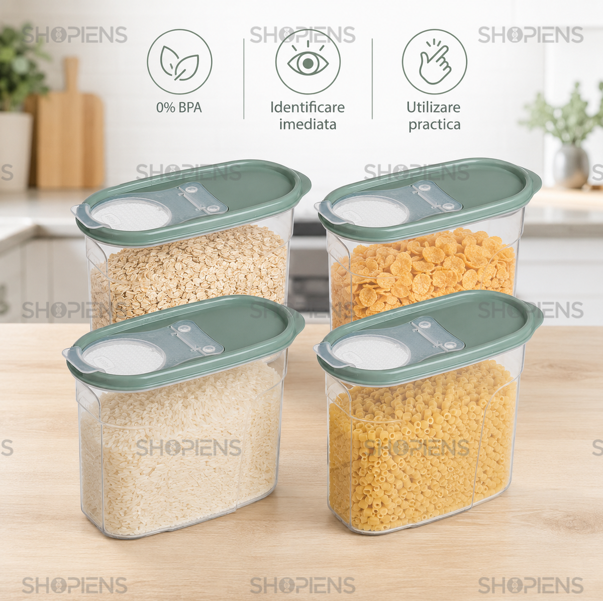 Set 4 recipiente depozitare alimente, cu dozator pentru cereale si paste, 1.2l, plastic