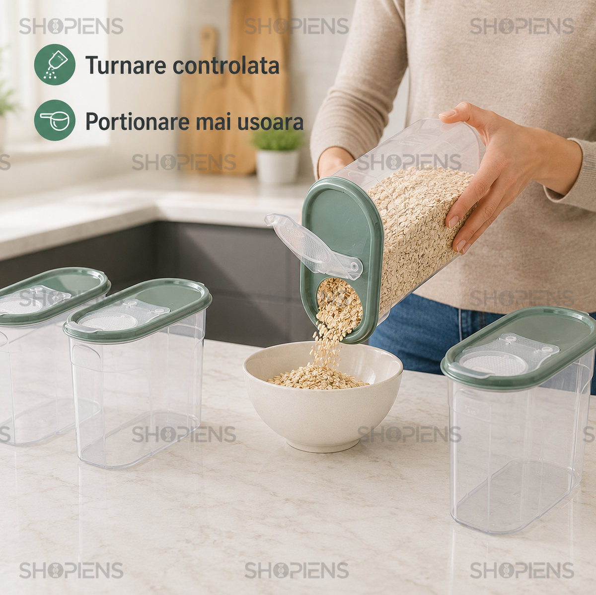 Set 4 recipiente depozitare alimente, cu dozator pentru cereale si paste, 1.2l, plastic