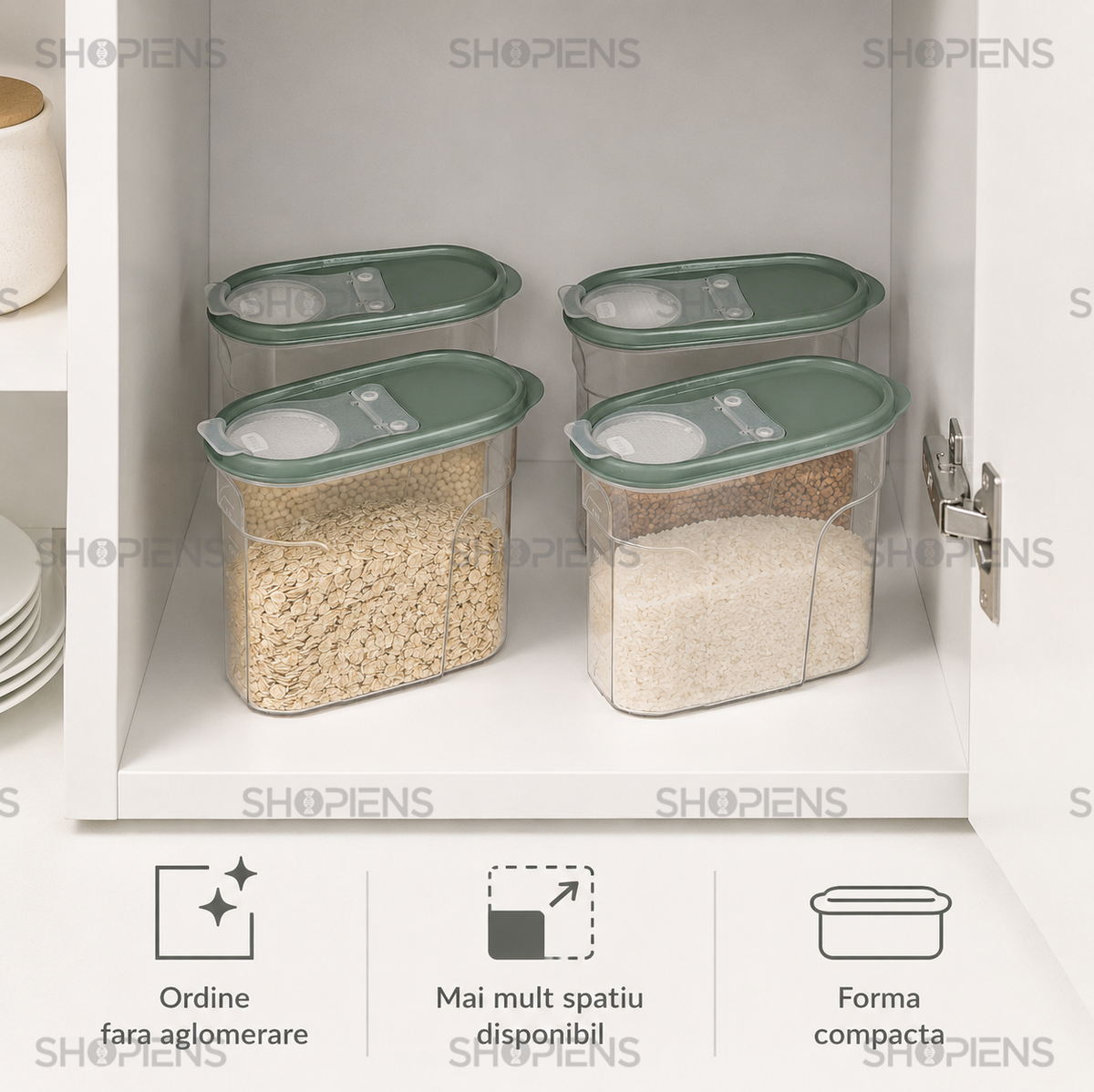Set 4 recipiente depozitare alimente, cu dozator pentru cereale si paste, 1.2l, plastic