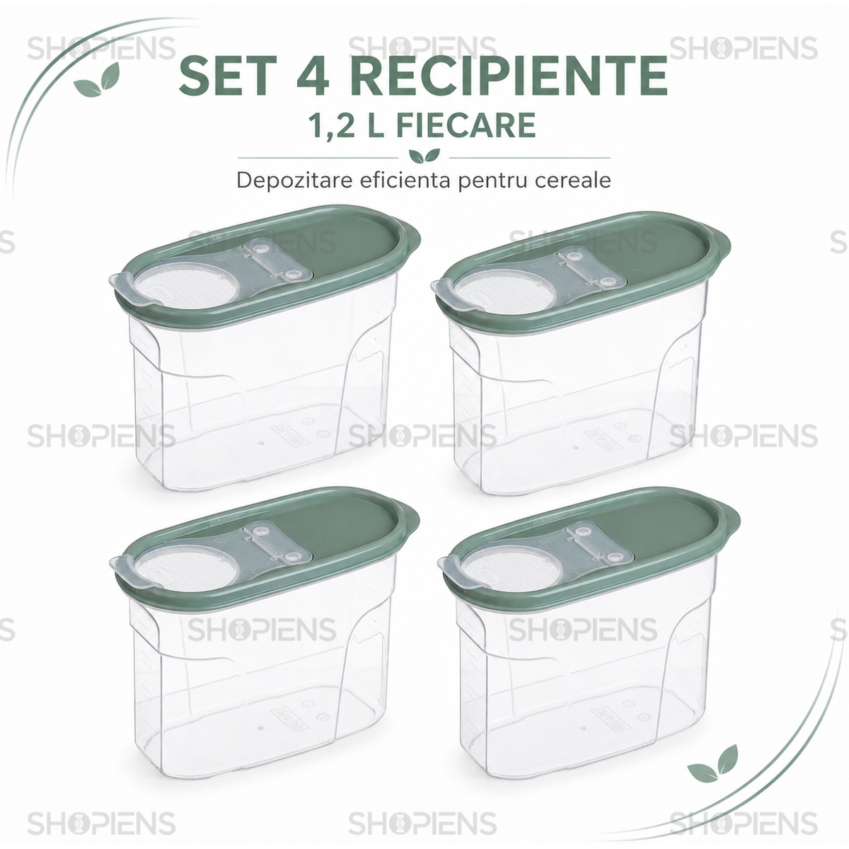 Set 4 recipiente depozitare alimente, cu dozator pentru cereale si paste, 1.2l, plastic