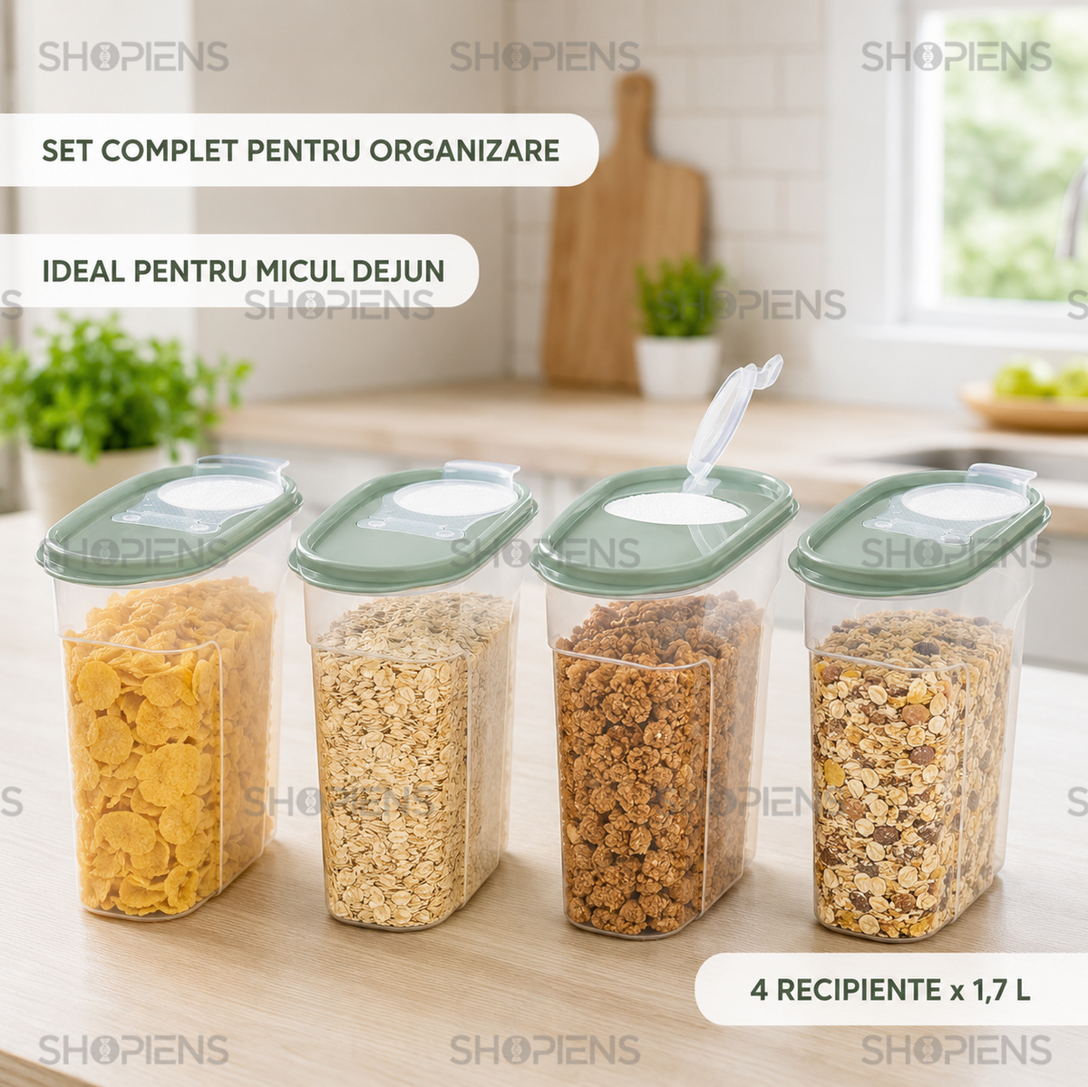Set 4 recipiente depozitare alimente, inalte pentru alimente uscate, 1.7l, plastic