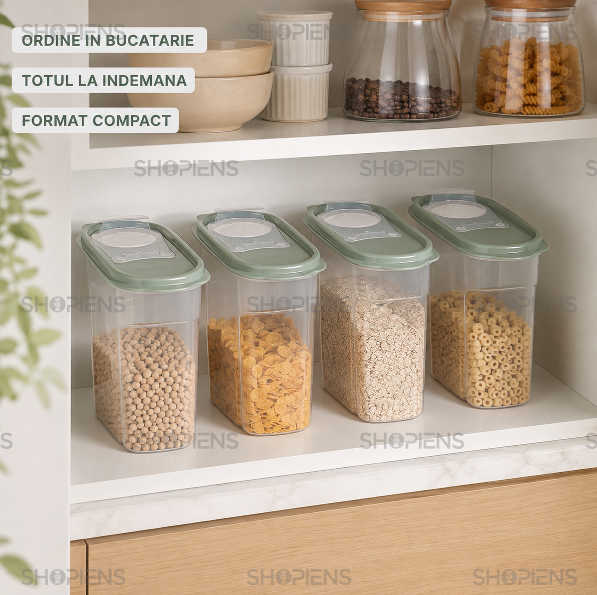 Set 4 recipiente depozitare alimente, inalte pentru alimente uscate, 1.7l, plastic
