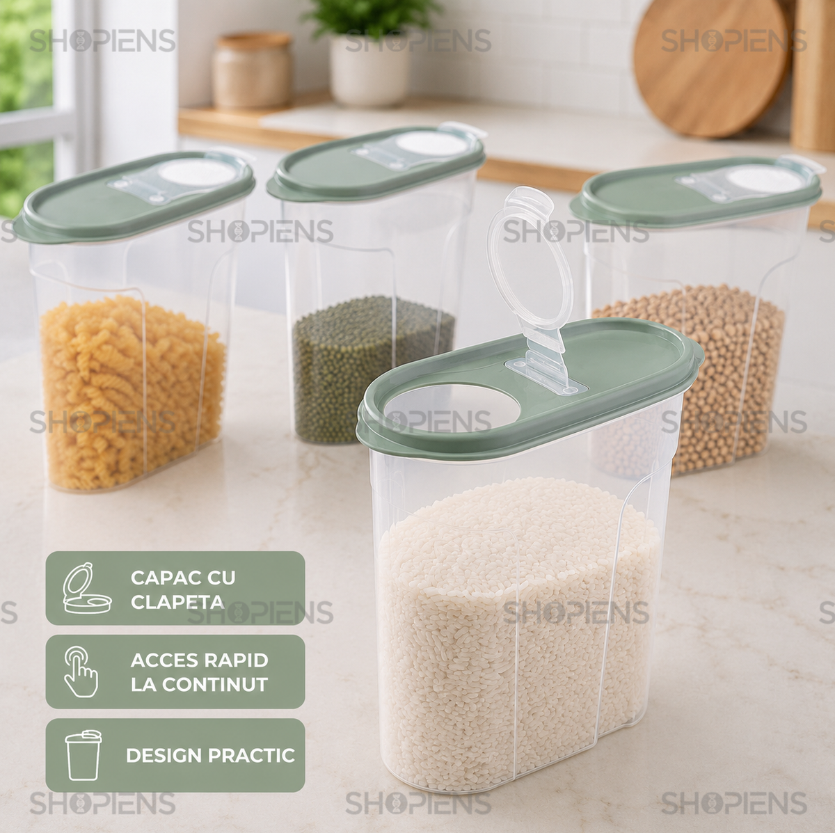 Set 4 recipiente depozitare alimente, inalte pentru alimente uscate, 1.7l, plastic