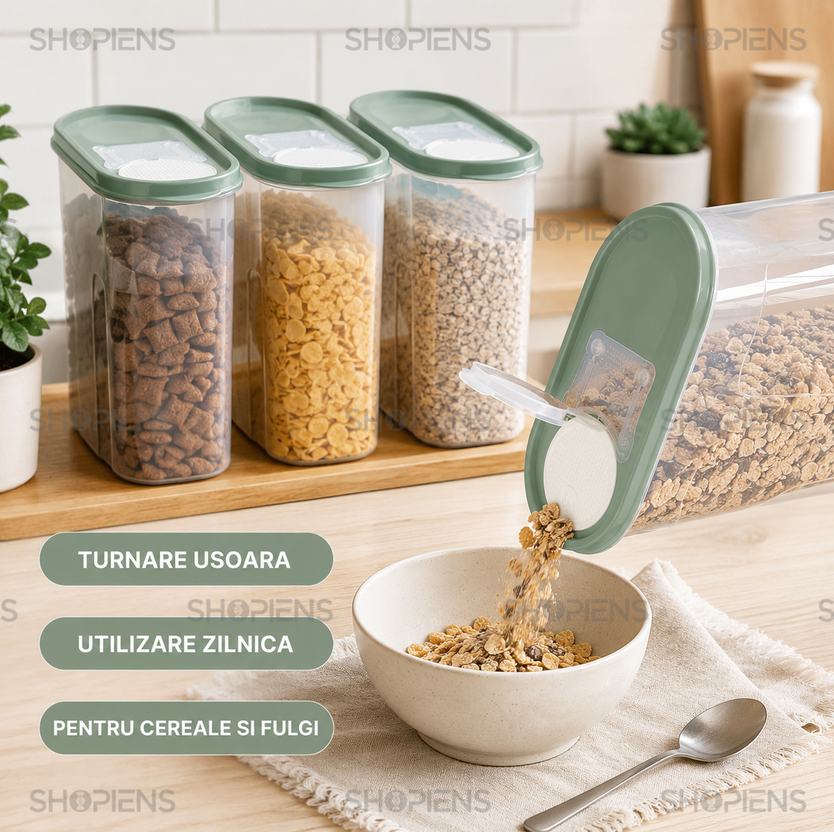 Set 4 recipiente depozitare alimente, inalte pentru alimente uscate, 1.7l, plastic