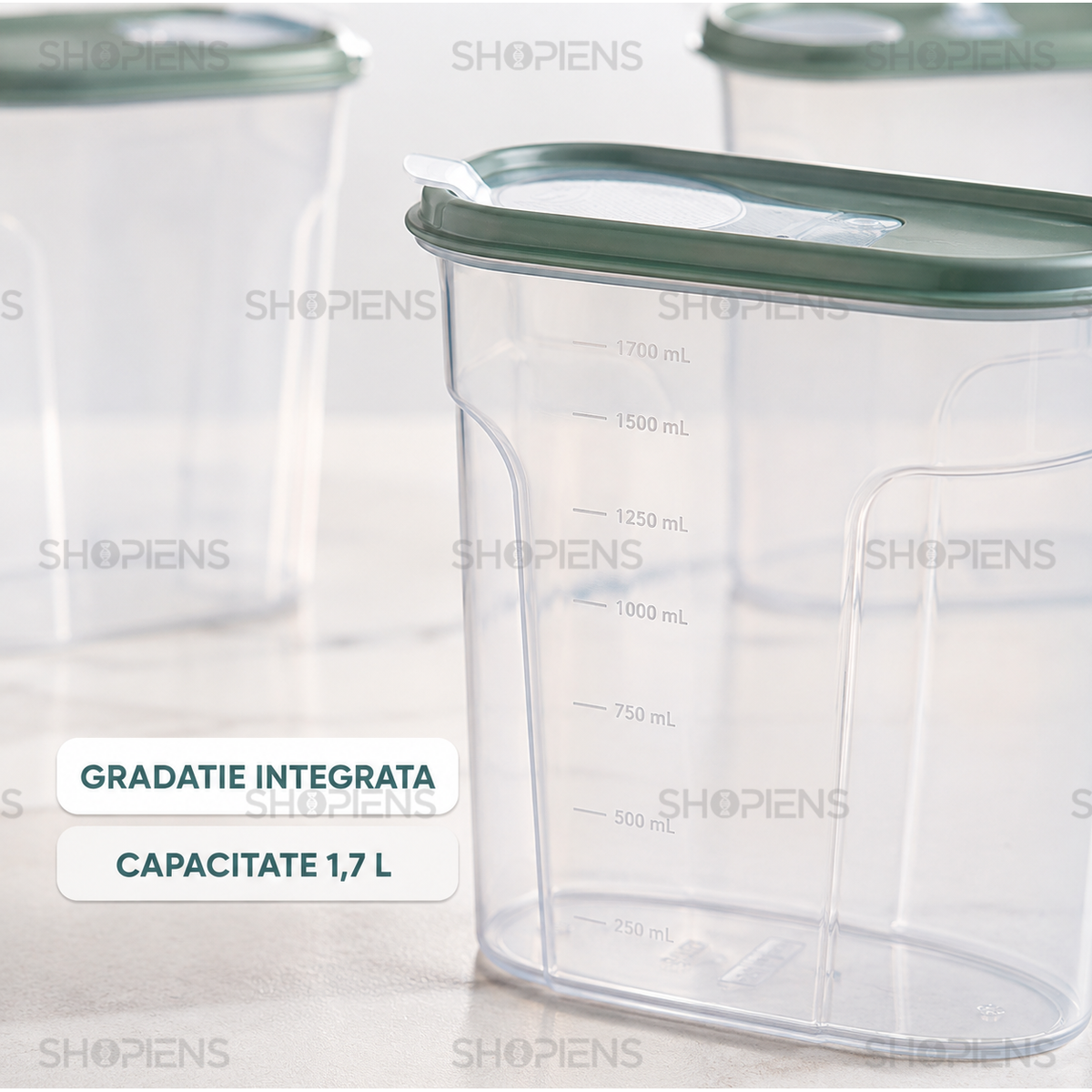 Set 4 recipiente depozitare alimente, inalte pentru alimente uscate, 1.7l, plastic