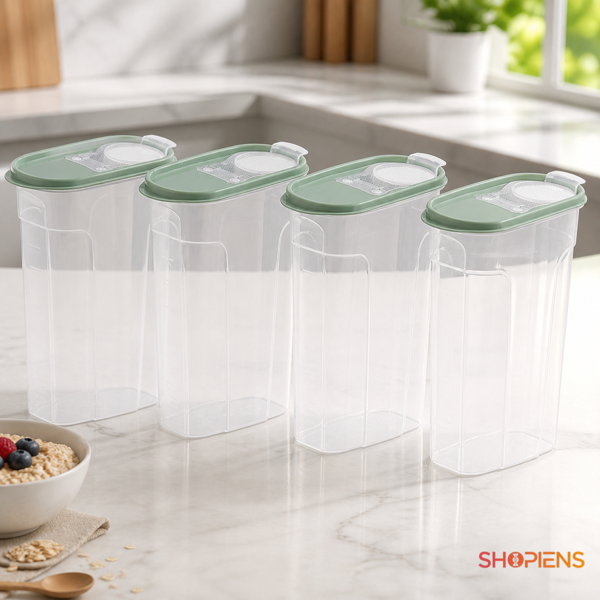 Set 4 recipiente depozitare alimente, inalte pentru alimente uscate, 2.4l, plastic