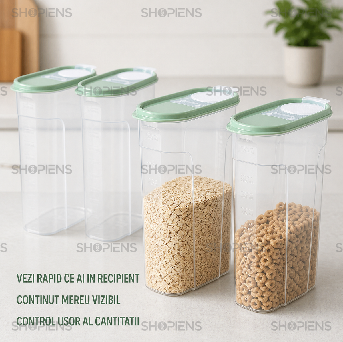 Set 4 recipiente depozitare alimente, inalte pentru alimente uscate, 2.4l, plastic