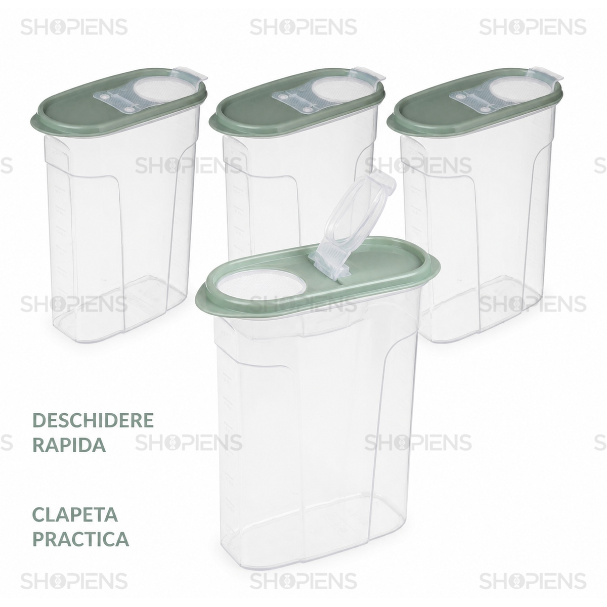 Set 4 recipiente depozitare alimente, inalte pentru alimente uscate, 2.4l, plastic