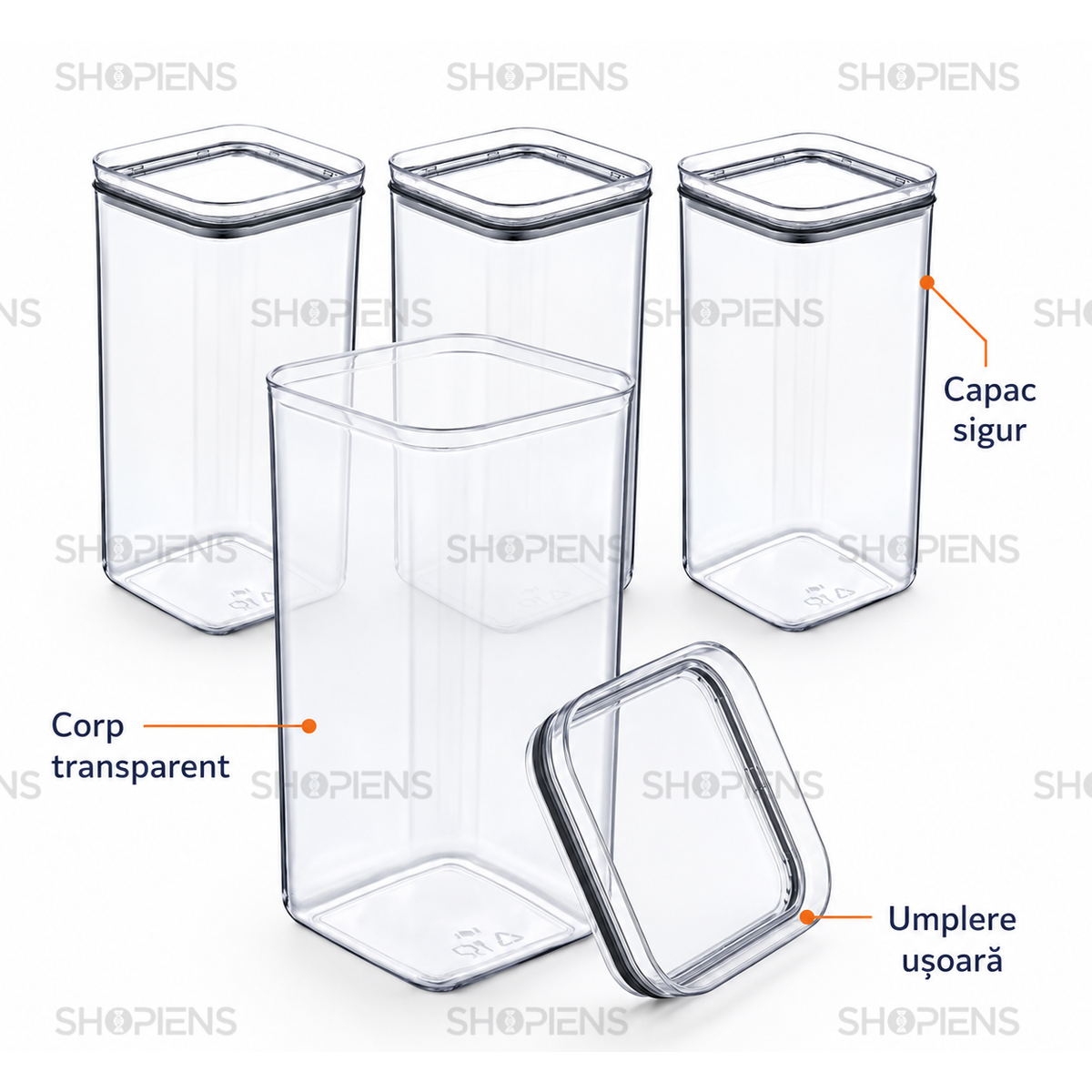 Set 4 recipiente depozitare alimente, pentru camara, 1.5l, plastic