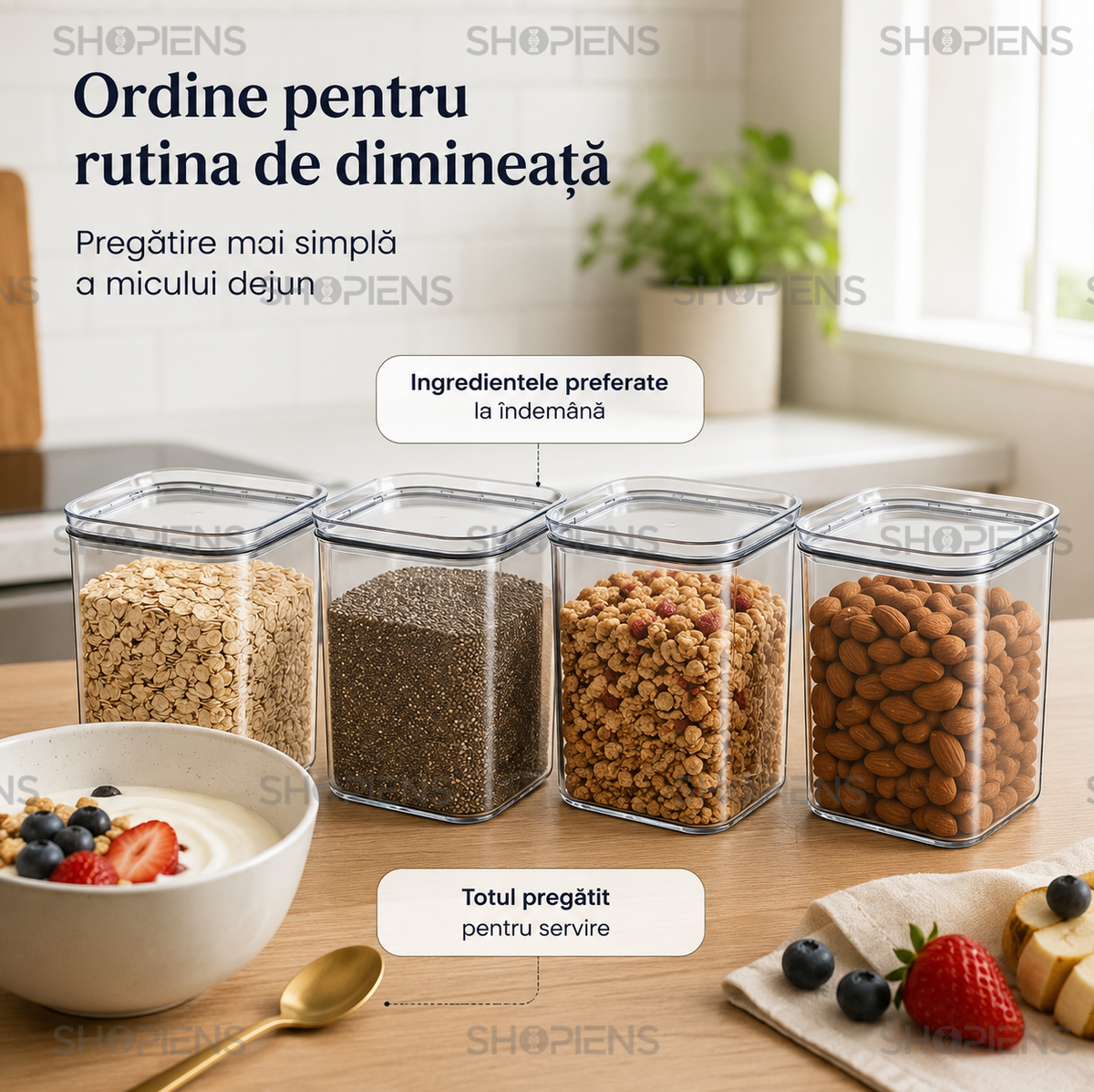 Set 4 recipiente depozitare alimente, pentru camara, 1l, plastic