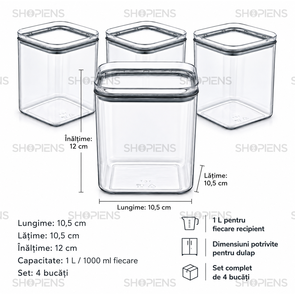 Set 4 recipiente depozitare alimente, pentru camara, 1l, plastic