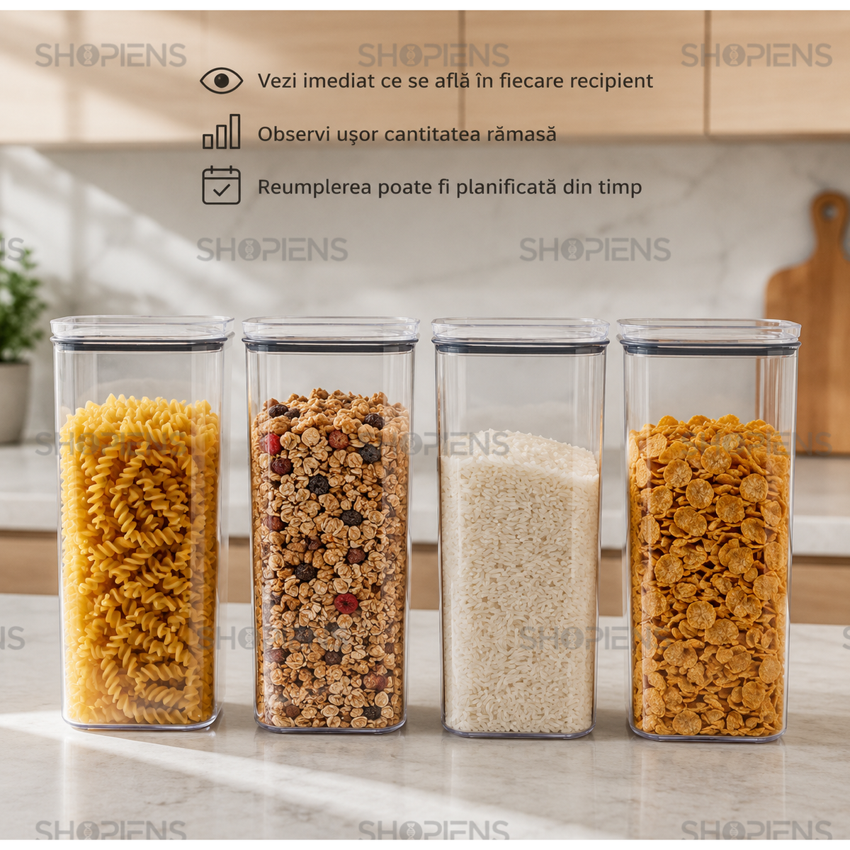 Set 4 recipiente depozitare alimente, pentru camara, 2l, plastic