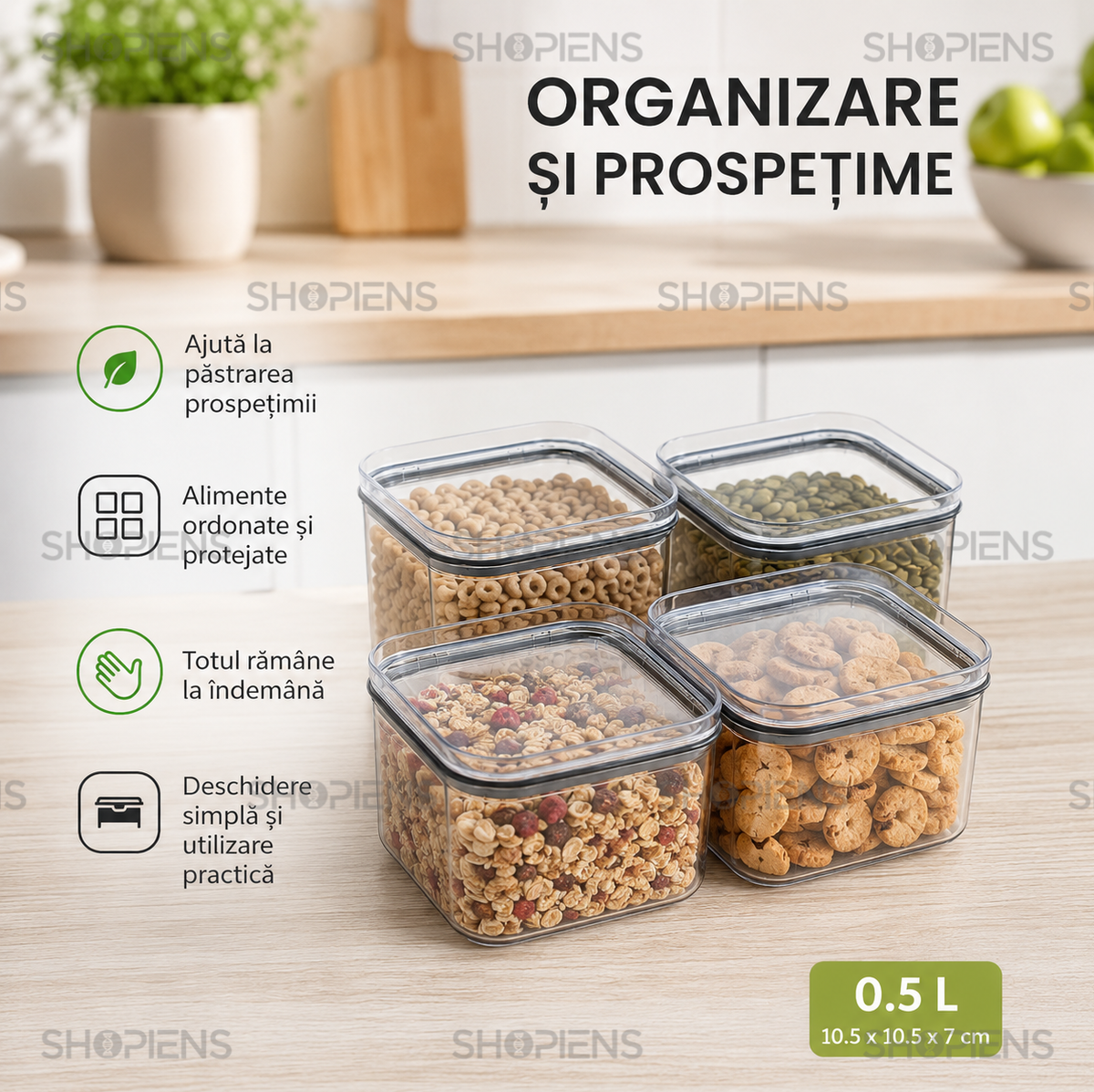 Set 4 recipiente depozitare alimente, pentru camara, 500ml, plastic
