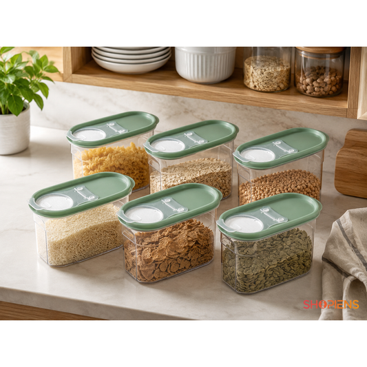 Set 6 recipiente depozitare alimente, cu dozator pentru cereale si paste, 1.2l, plastic