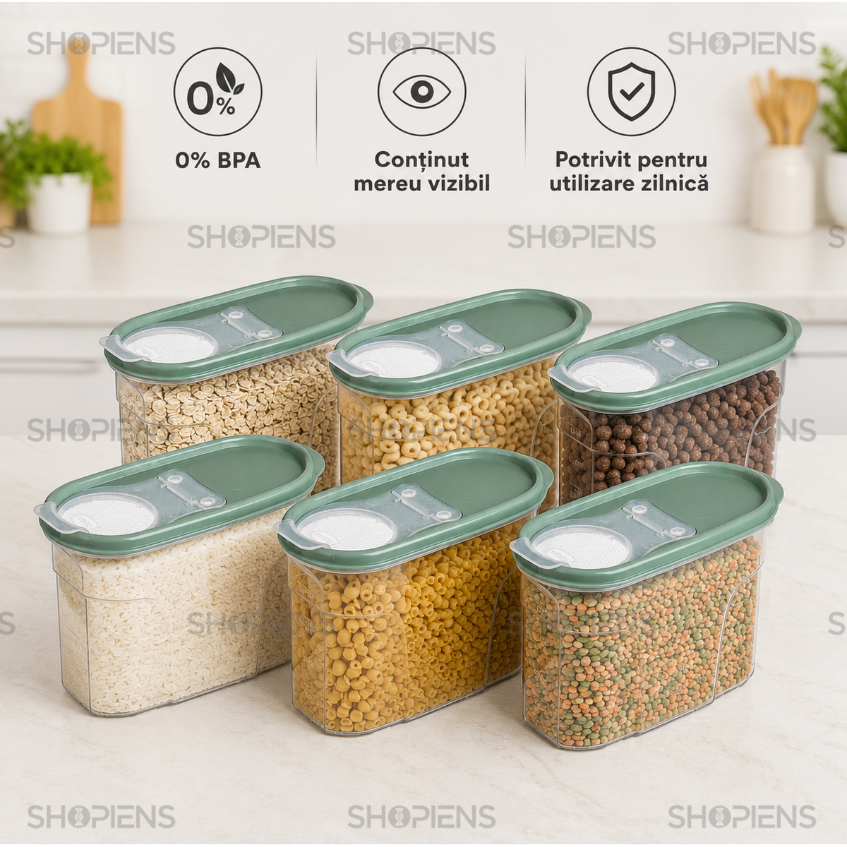 Set 6 recipiente depozitare alimente, cu dozator pentru cereale si paste, 1.2l, plastic