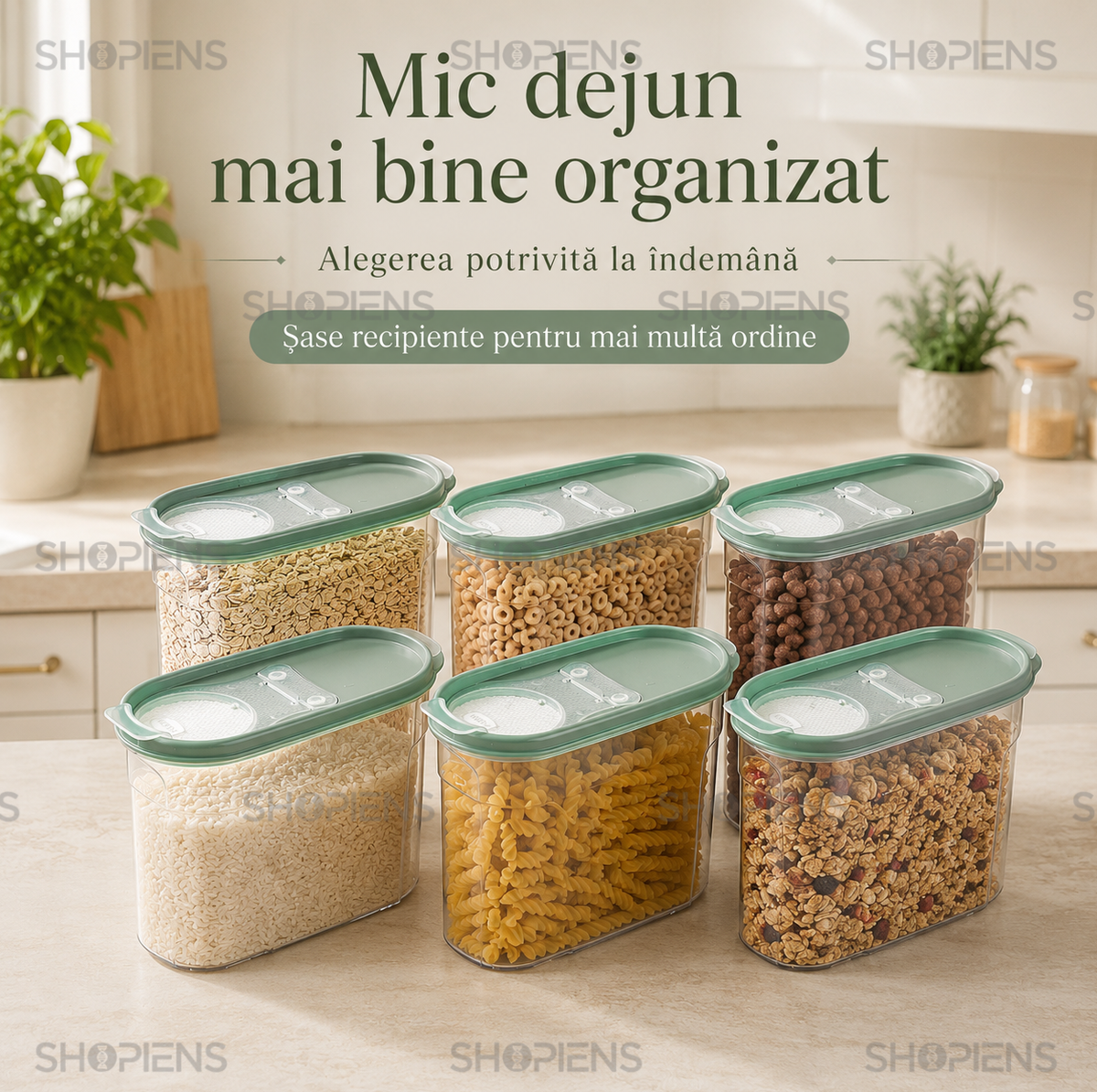 Set 6 recipiente depozitare alimente, cu dozator pentru cereale si paste, 1.2l, plastic