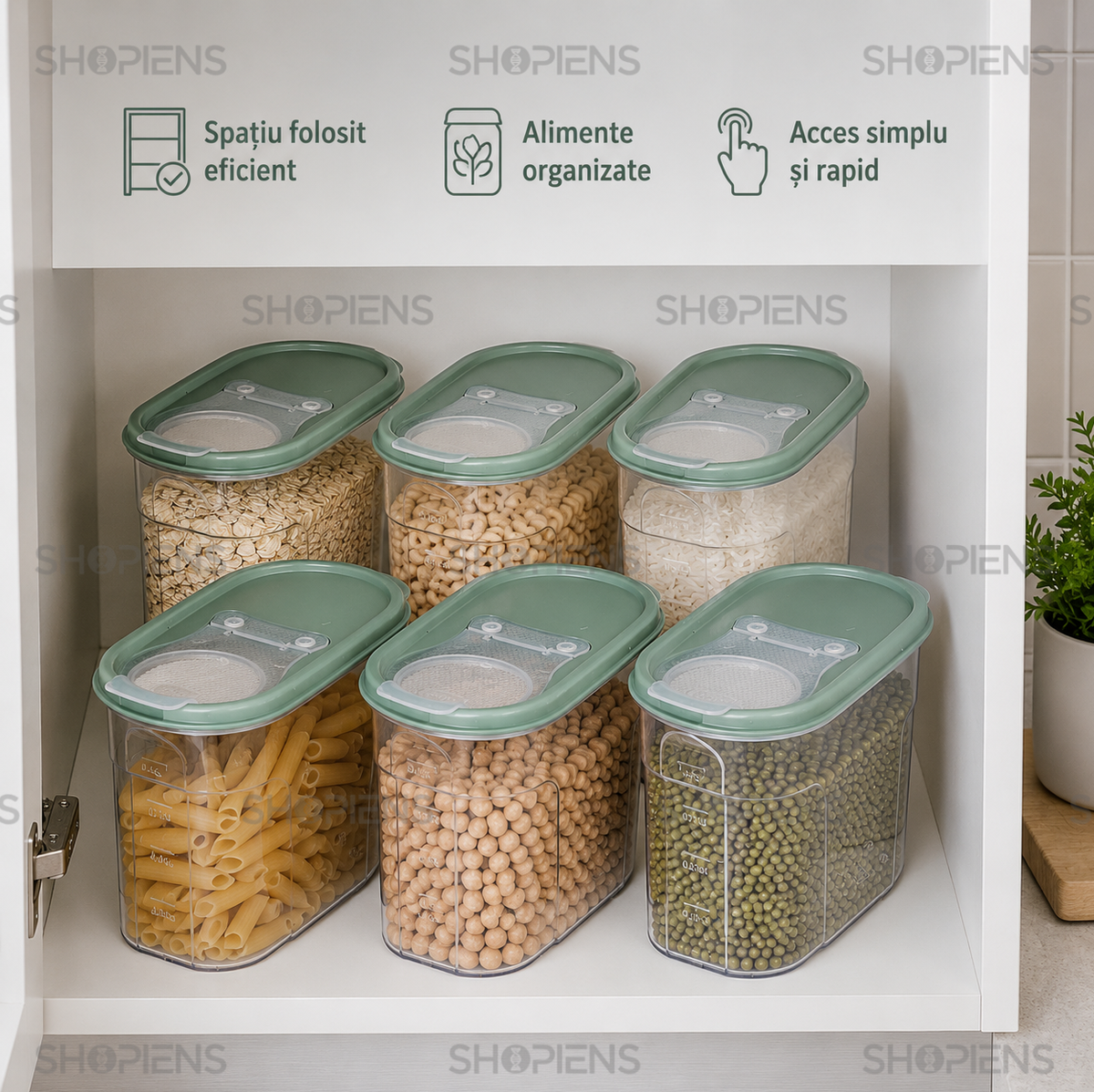 Set 6 recipiente depozitare alimente, cu dozator pentru cereale si paste, 1.2l, plastic