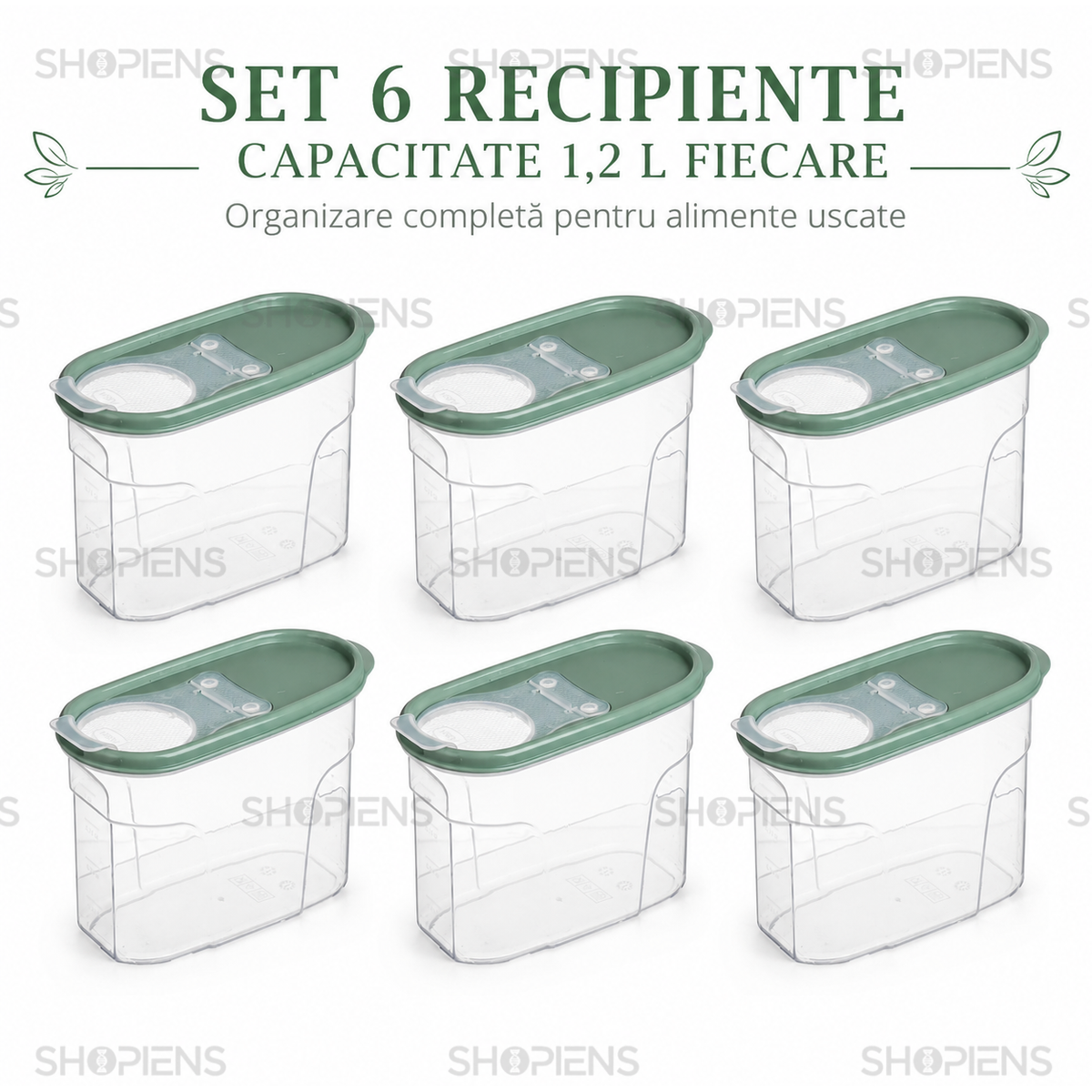 Set 6 recipiente depozitare alimente, cu dozator pentru cereale si paste, 1.2l, plastic