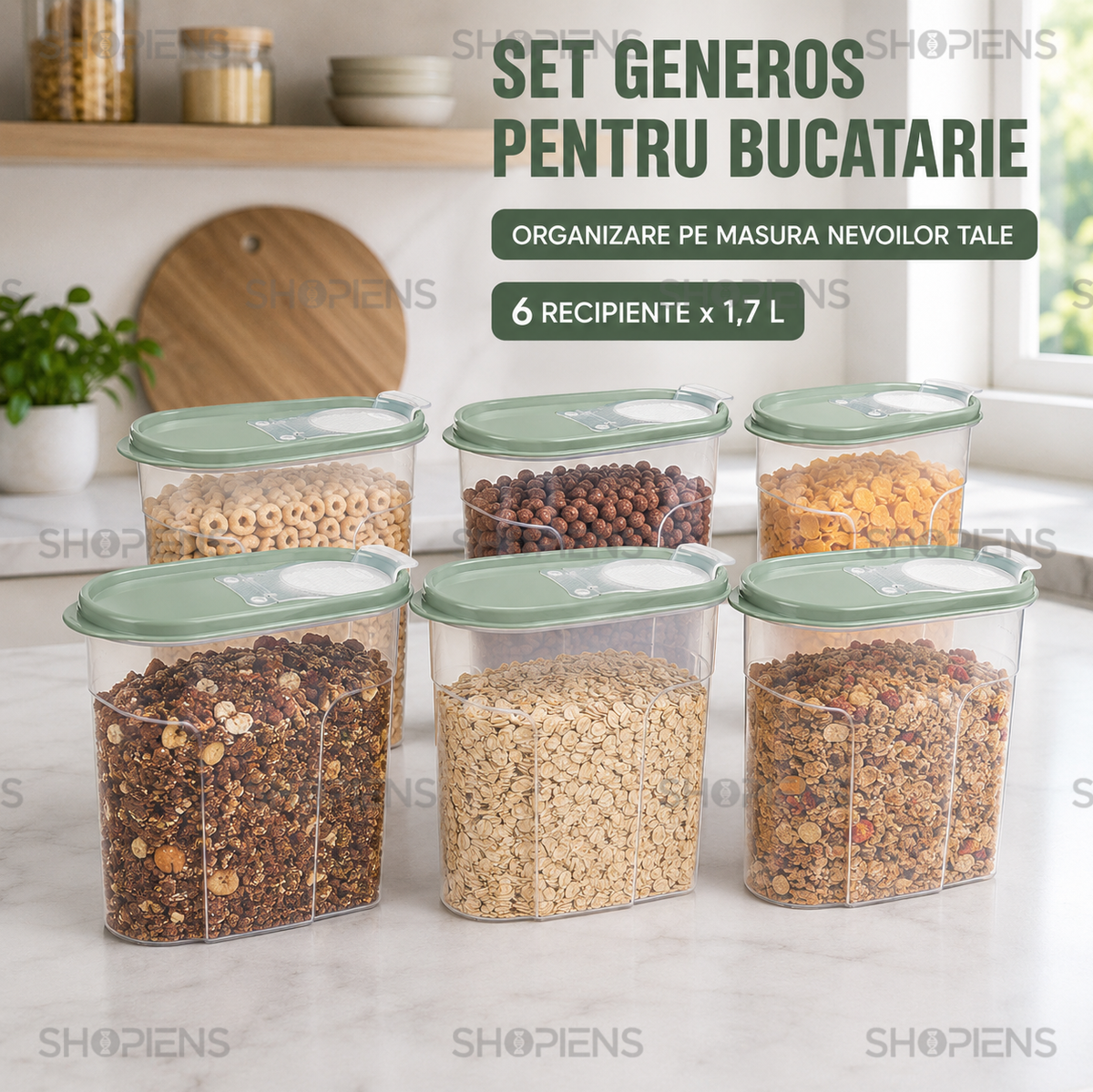 Set 6 recipiente depozitare alimente, inalte pentru alimente uscate, 1.7l, plastic