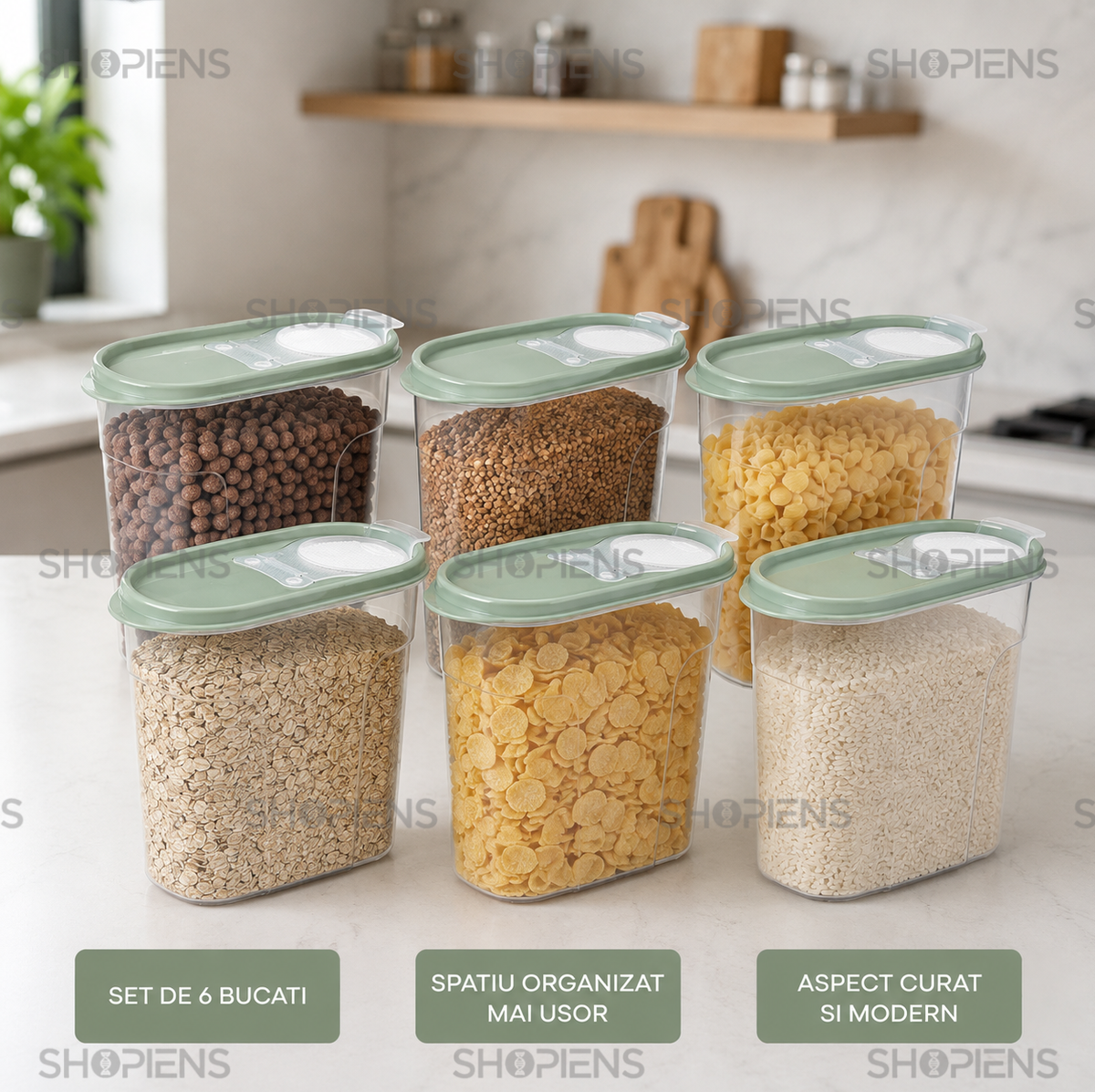 Set 6 recipiente depozitare alimente, inalte pentru alimente uscate, 1.7l, plastic