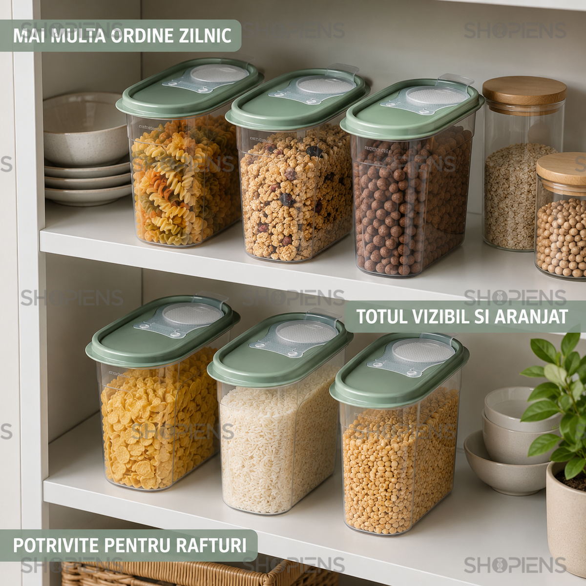 Set 6 recipiente depozitare alimente, inalte pentru alimente uscate, 1.7l, plastic