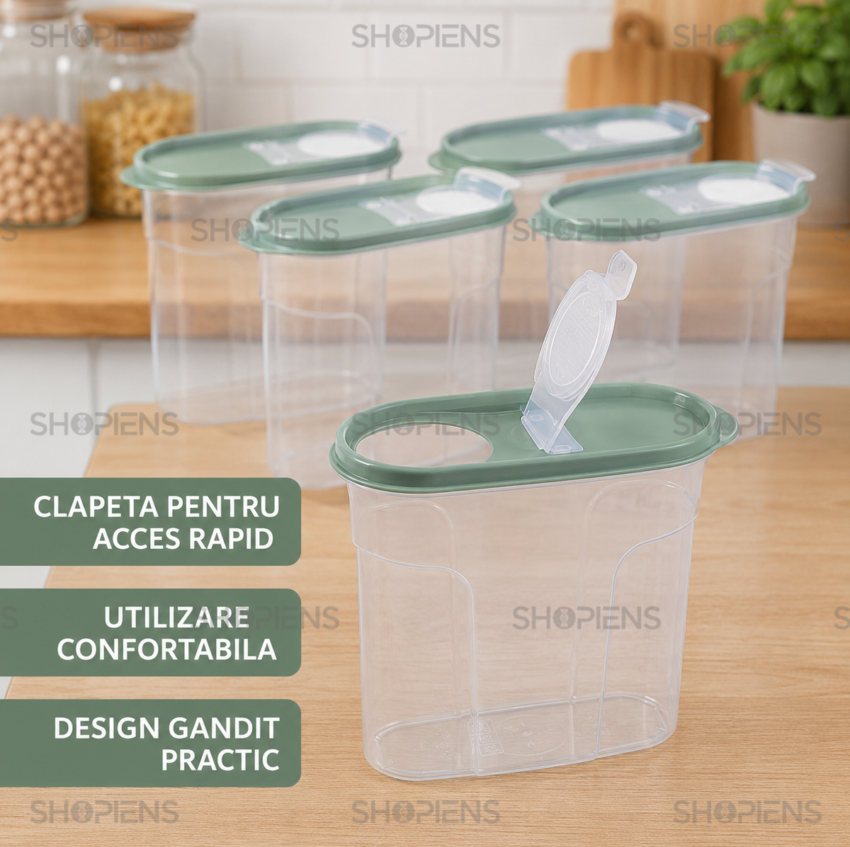 Set 6 recipiente depozitare alimente, inalte pentru alimente uscate, 1.7l, plastic