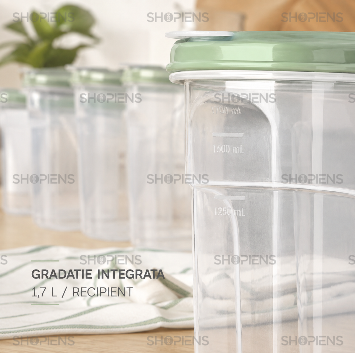 Set 6 recipiente depozitare alimente, inalte pentru alimente uscate, 1.7l, plastic