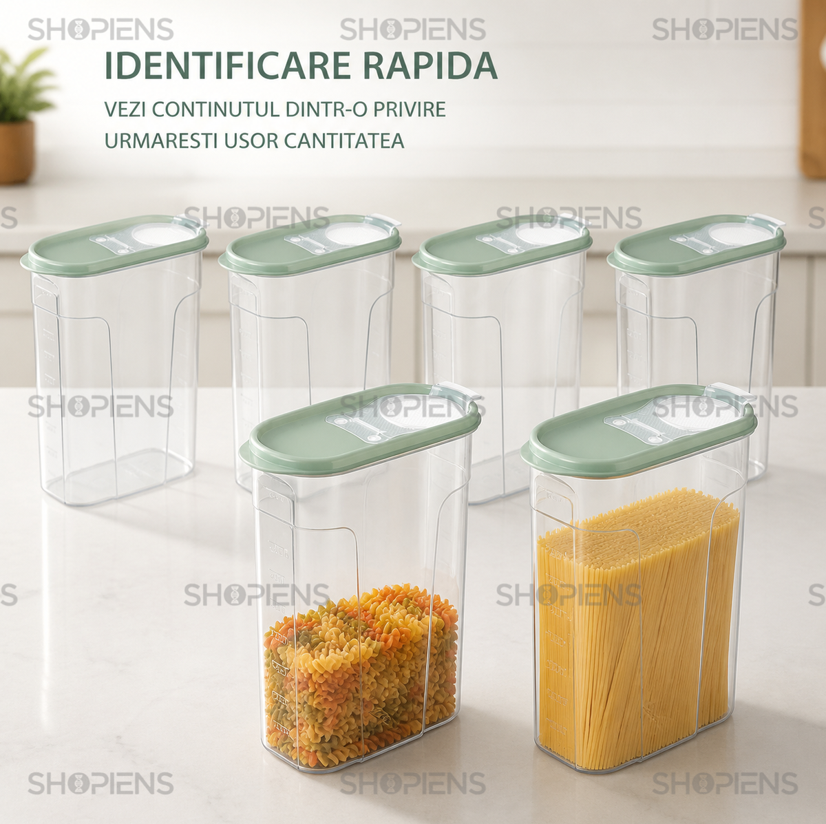 Set 6 recipiente depozitare alimente, inalte pentru alimente uscate, 2.4l, plastic