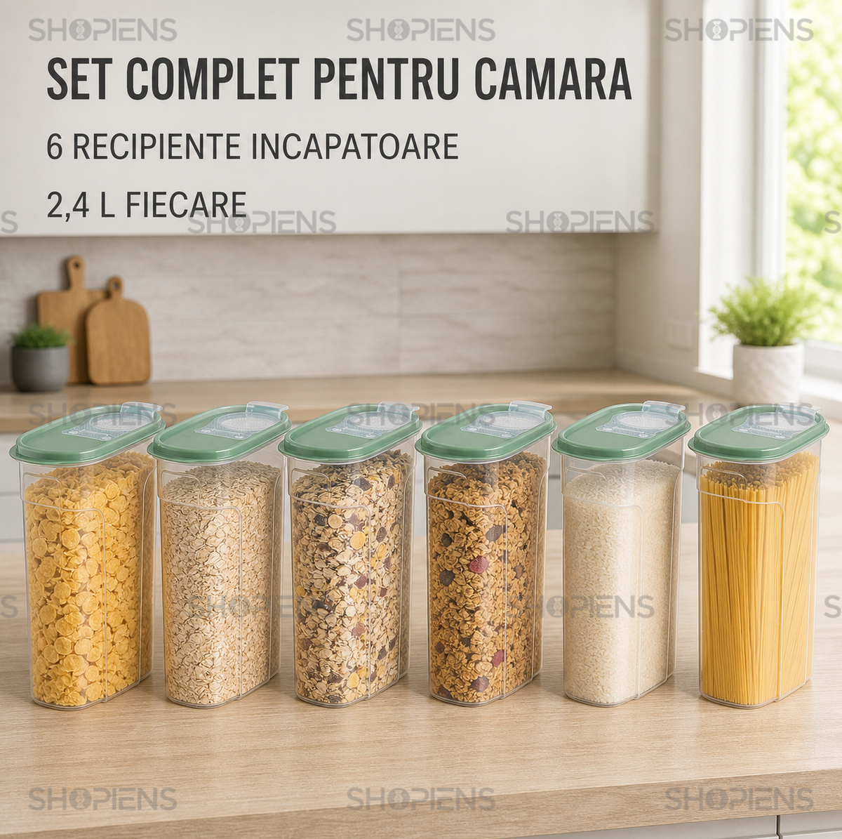 Set 6 recipiente depozitare alimente, inalte pentru alimente uscate, 2.4l, plastic