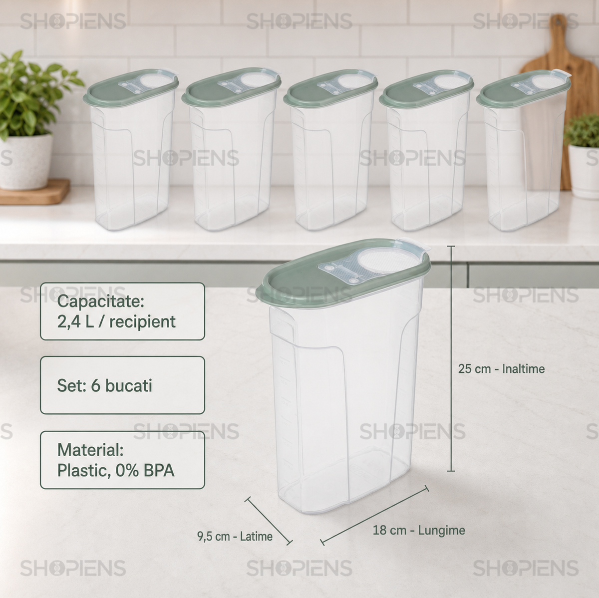 Set 6 recipiente depozitare alimente, inalte pentru alimente uscate, 2.4l, plastic