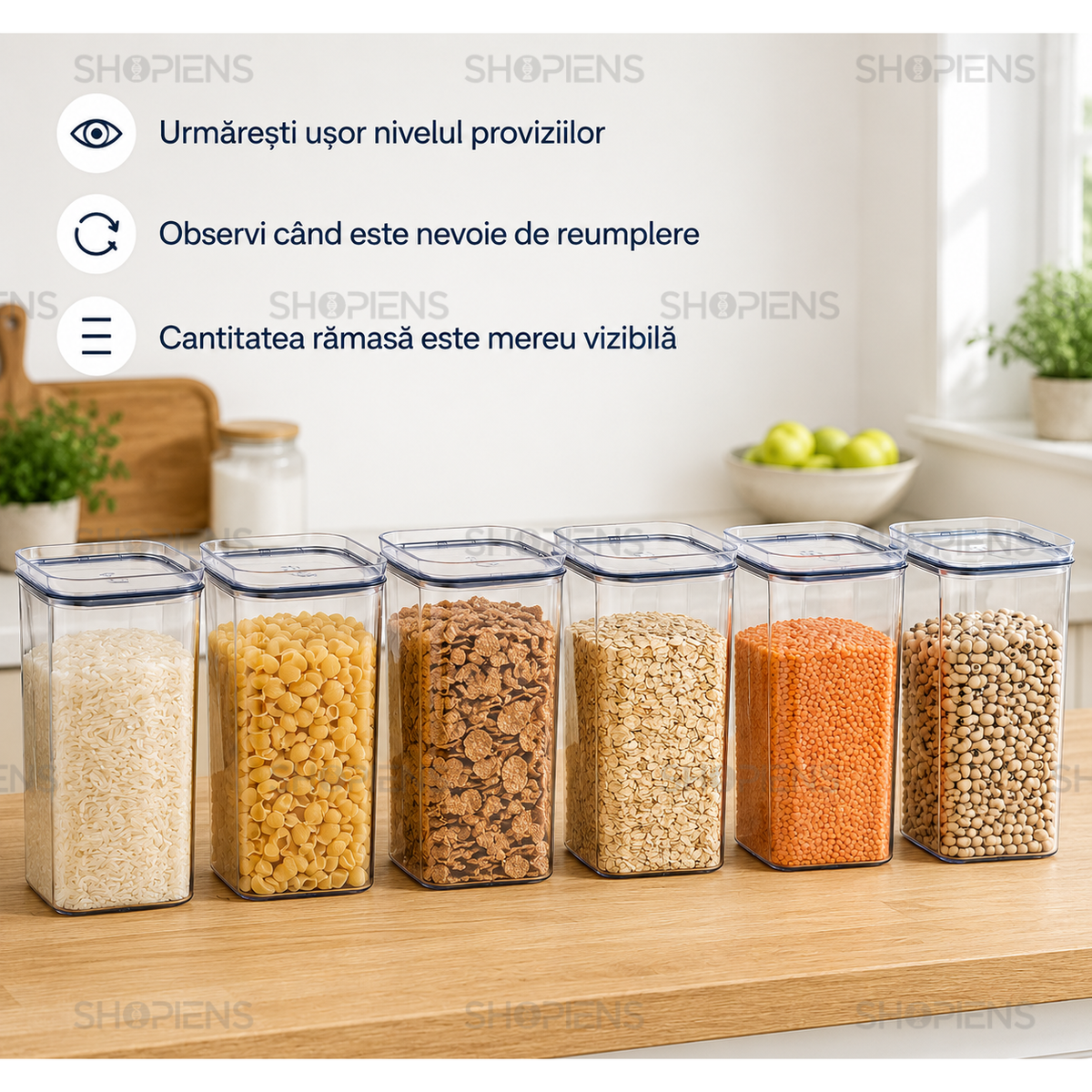 Set 6 recipiente depozitare alimente, pentru camara, 1.5l, plastic