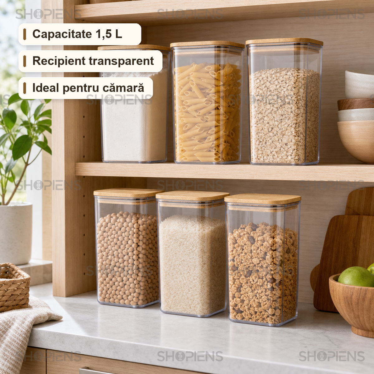 Set 6 recipiente depozitare alimente, pentru camara, 1.5l, plastic