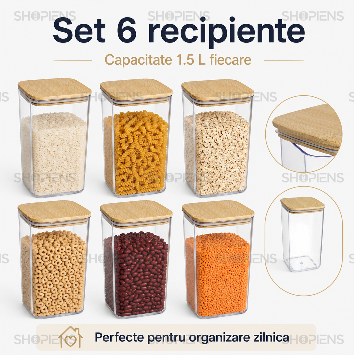 Set 6 recipiente depozitare alimente, pentru camara, 1.5l, plastic