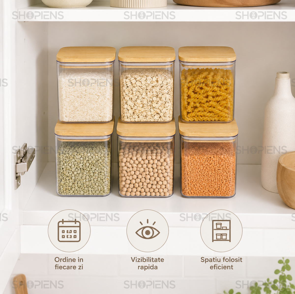 Set 6 recipiente depozitare alimente, pentru camara, 1l, plastic