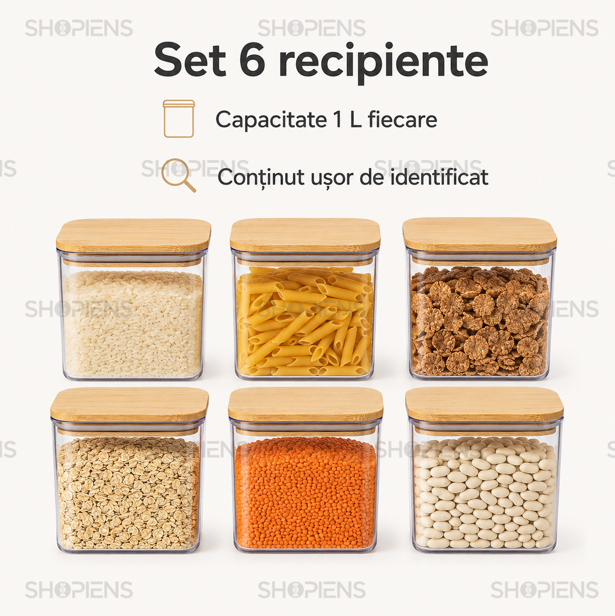 Set 6 recipiente depozitare alimente, pentru camara, 1l, plastic