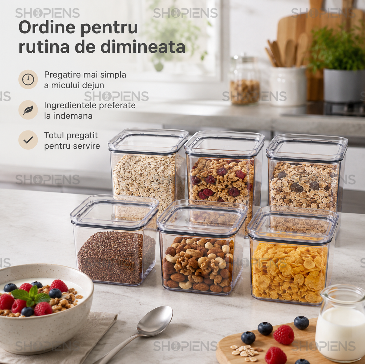 Set 6 recipiente depozitare alimente, pentru camara, 1l, plastic