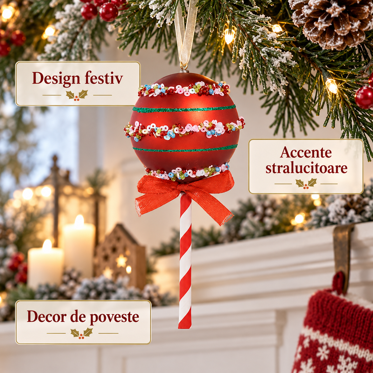 Acadea Cu Margele Si Fundita, Ornament Brad, 14 Cm - avantaje - Shopiens